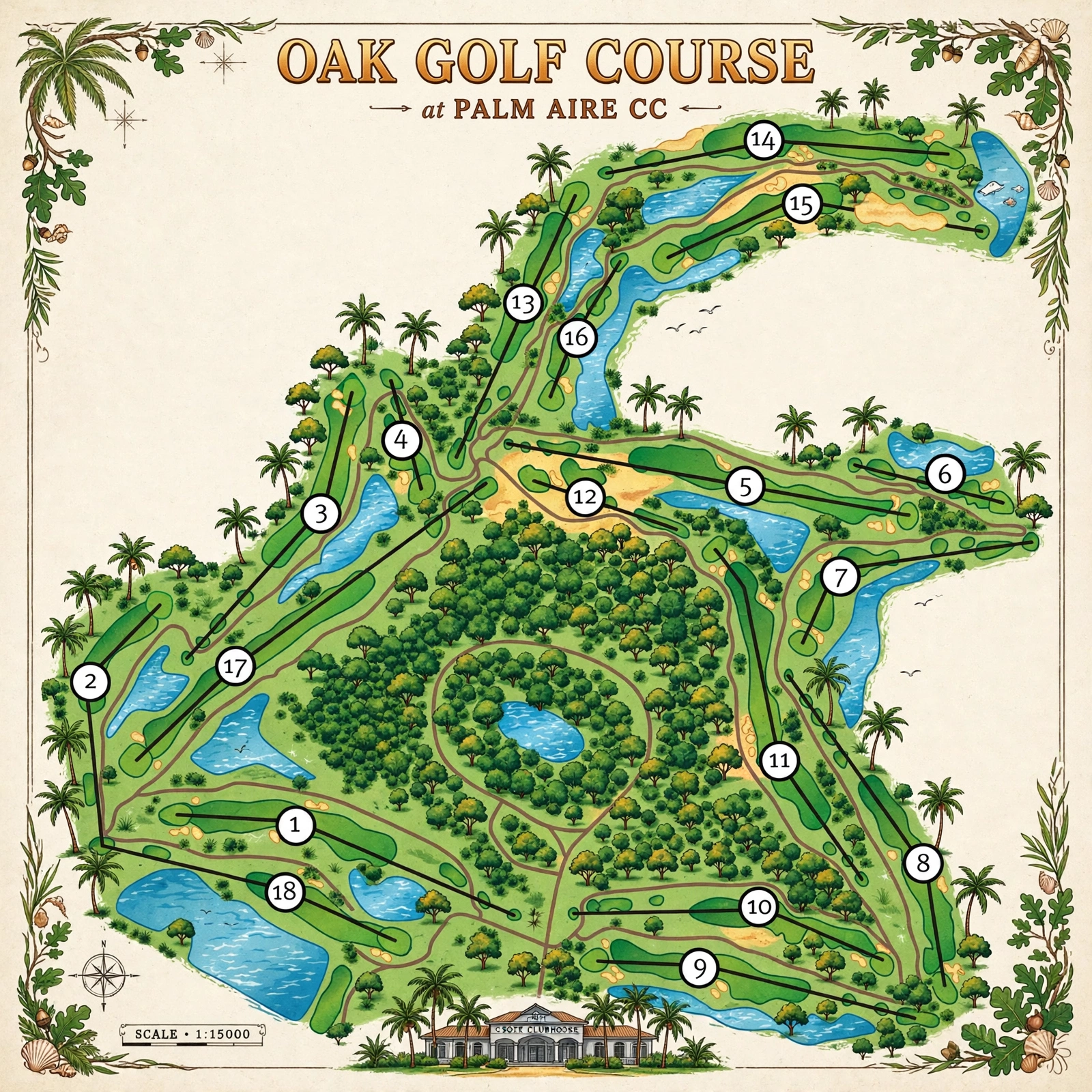Illustrated course map of the Oaks Course at Palm Aire Country Club showing all 18 holes and the clubhouse