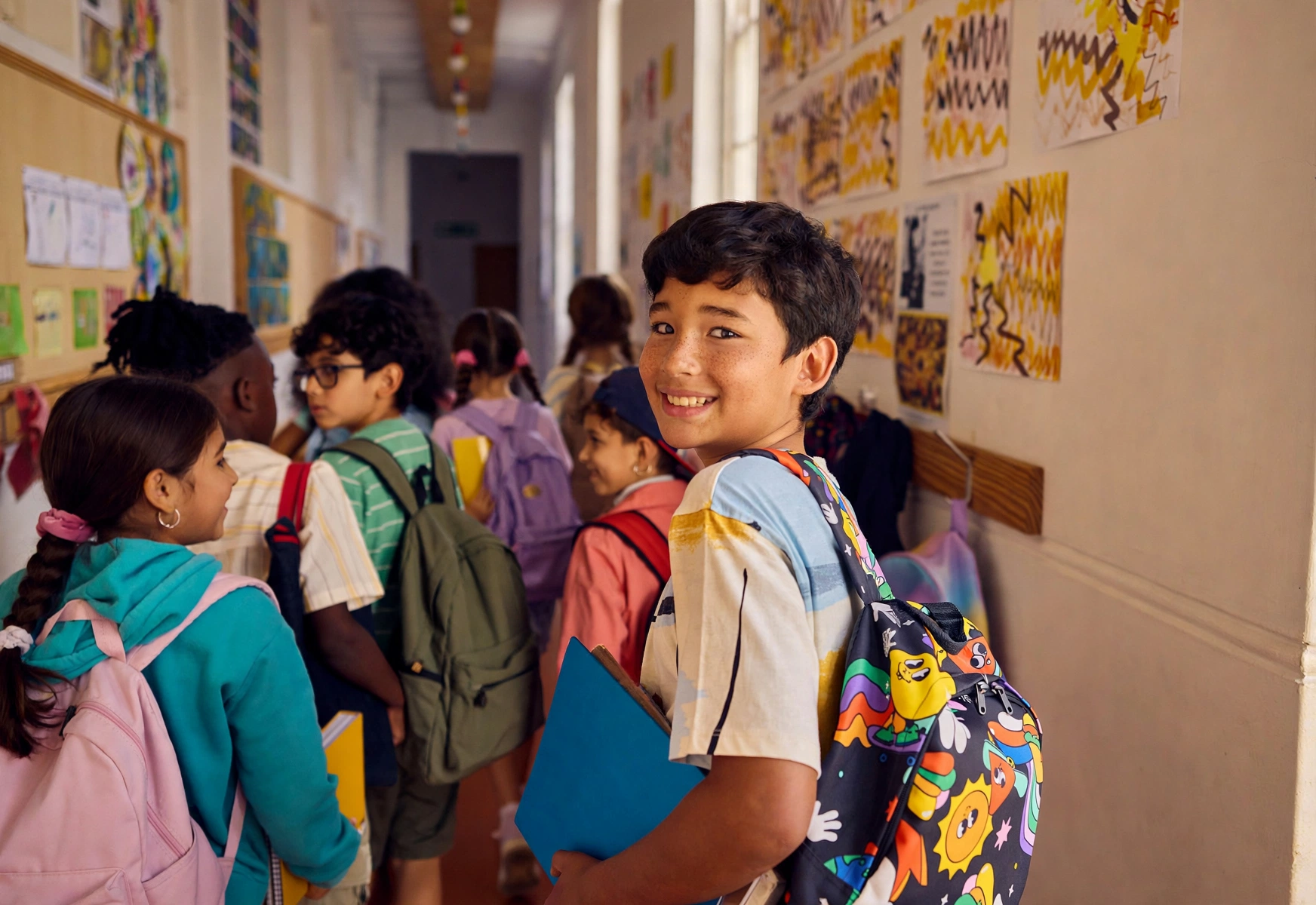 Schoolchildren in a classroom hallway